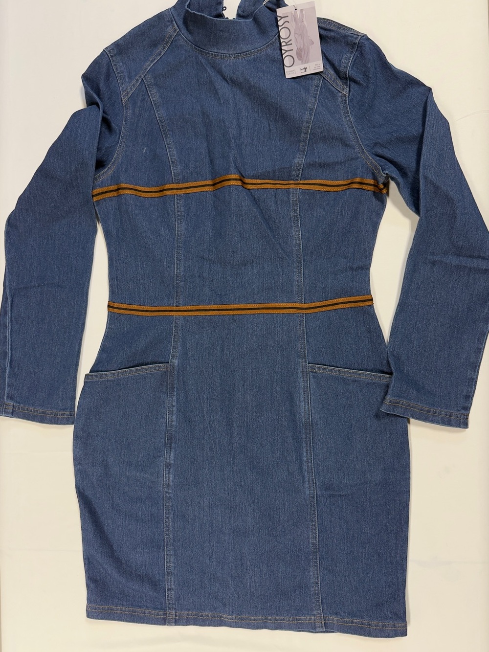 OYROSY NWT Blue Denim Mini Dress Small Brown Trim